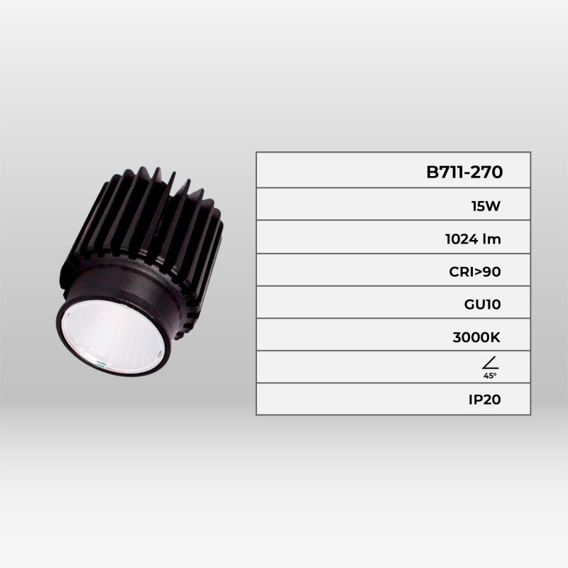 15W LED module for MR16/GU10 downlight ring - 45º - CRI 90