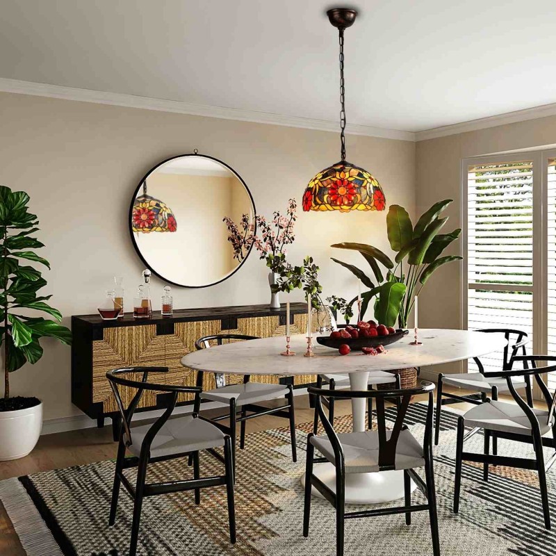 Tiffany-inspired pendant lamp with floral mosaic in glass