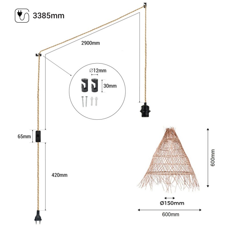 Willow" wicker pendant lamp with switch and plug