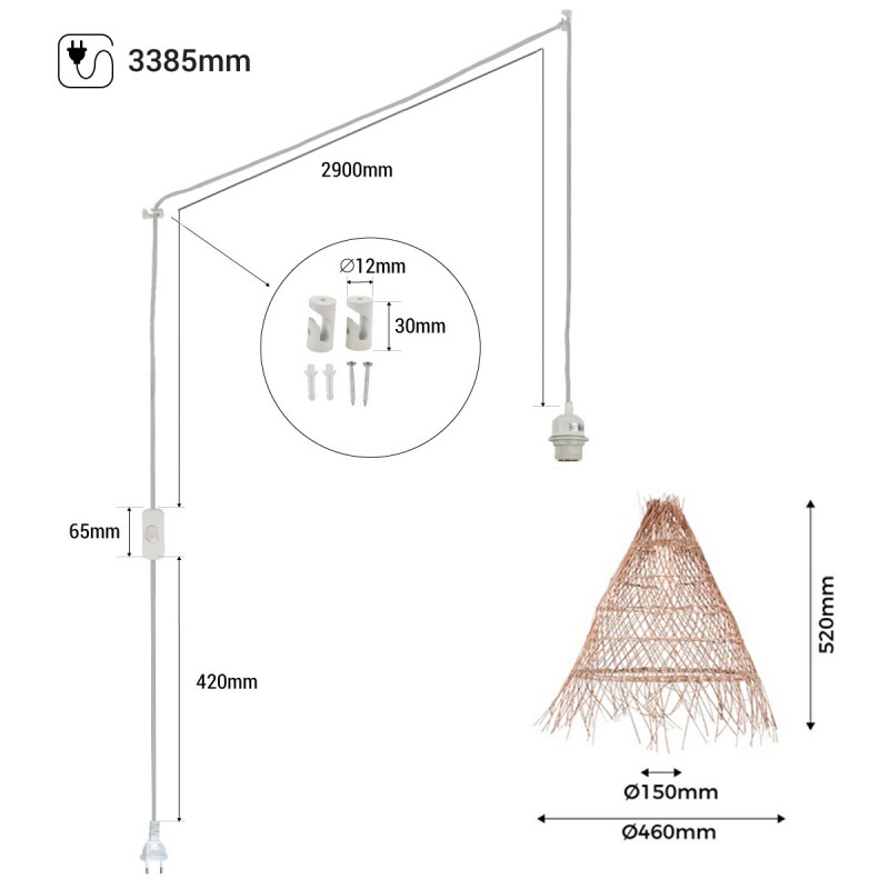 Willow" wicker pendant lamp with switch and plug