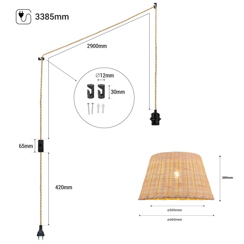 Wicker pendant lamp "Hank" with switch and socket