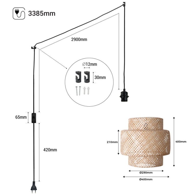 Wicker pendant lamp "Onna" with switch and socket