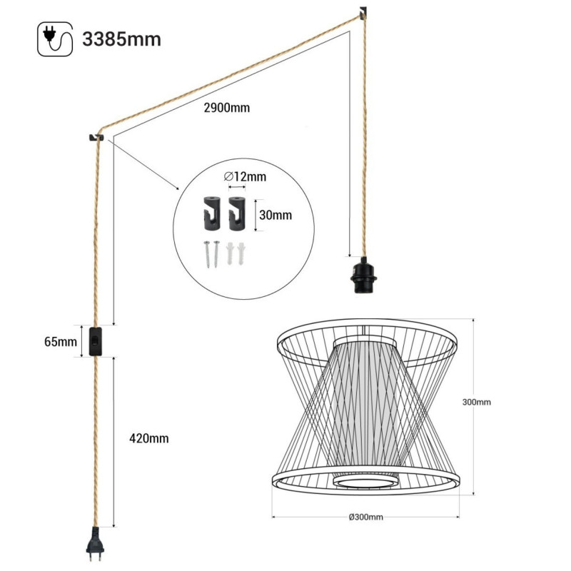 Bamboo pendant lamp "Rise" with switch and plug