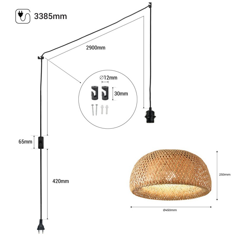 Wicker pendant lamp with switch and plug "Hanna".