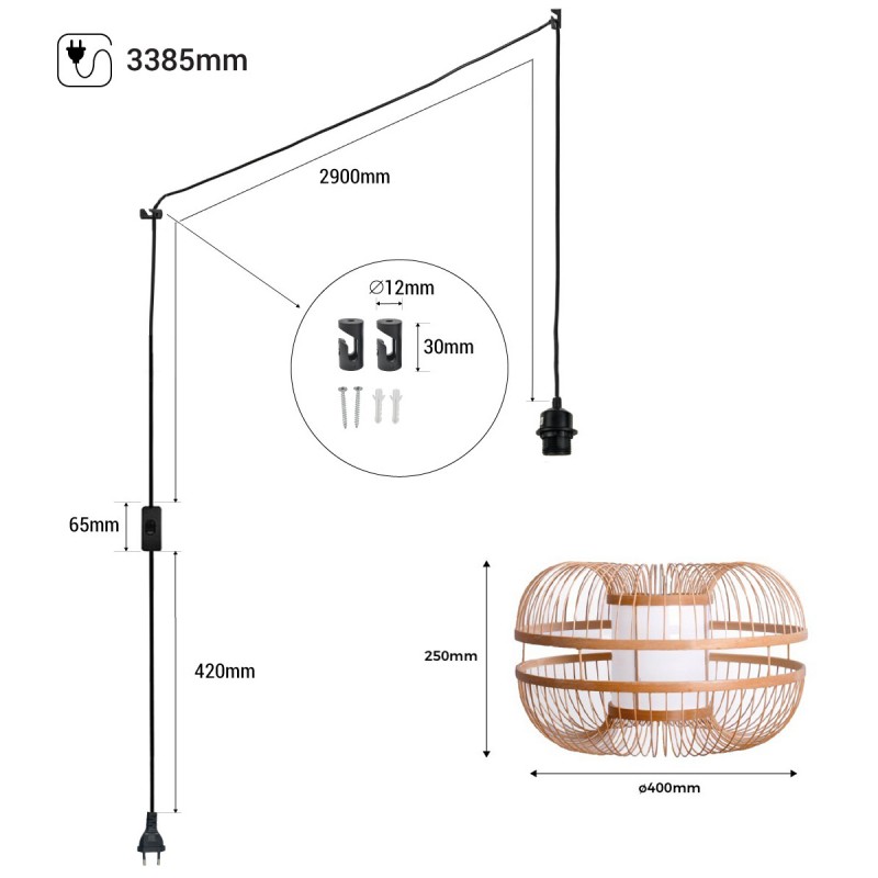 Japanese bamboo pendant lamp "Kaizen" with switch and socket
