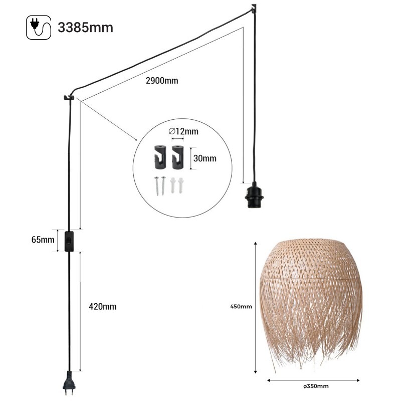 Rattan pendant lamp "Java" with switch and socket