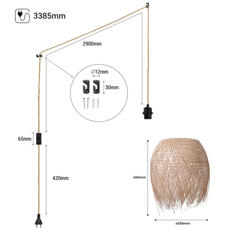 Rattan pendant lamp "Java" with switch and socket