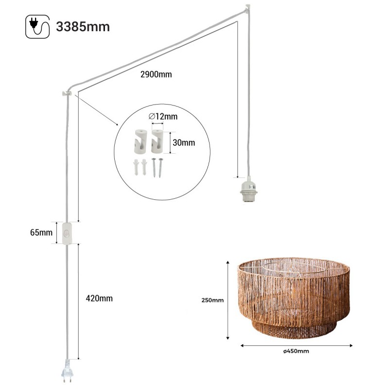 Jute pendant lamp "Bali" with switch and plug