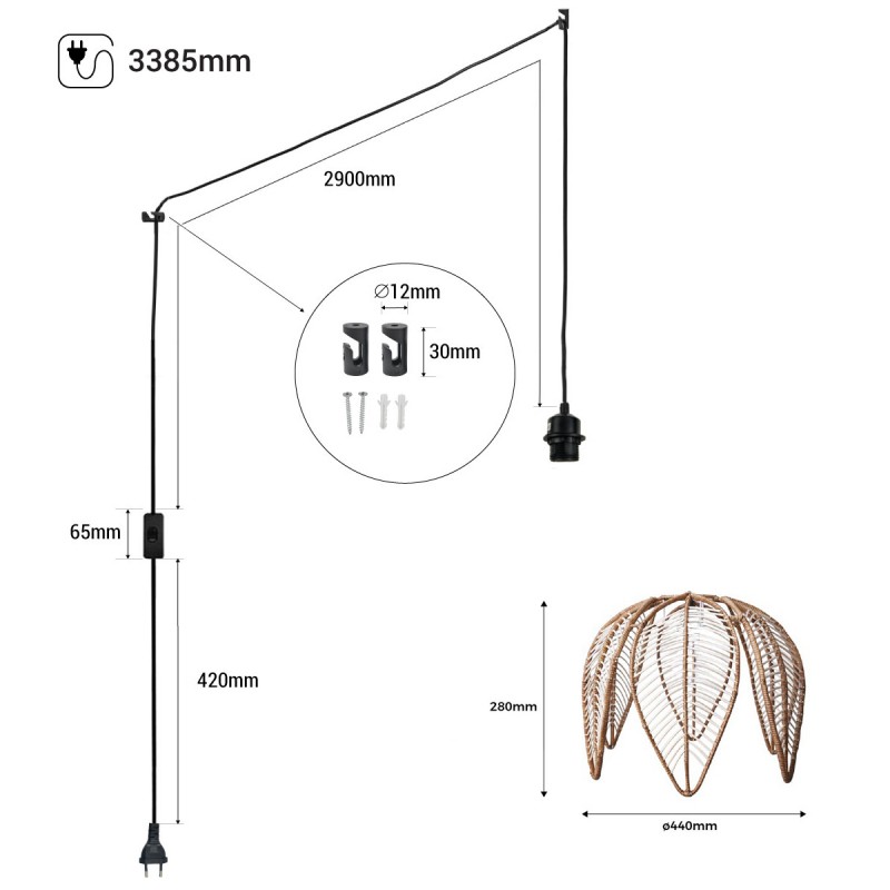 Bintan" flower-shaped rattan pendant lamp with switch and socket