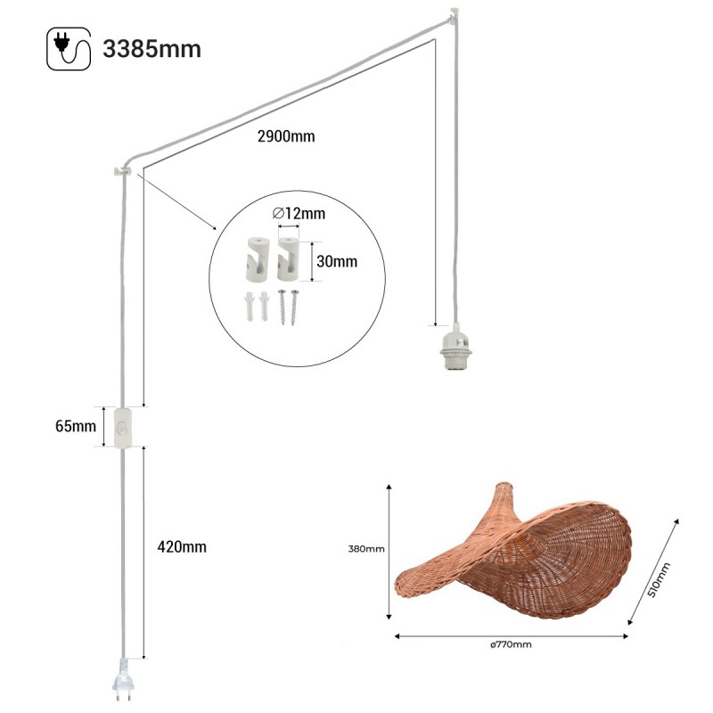 Wicker pendant lamp "Tien" with switch and socket