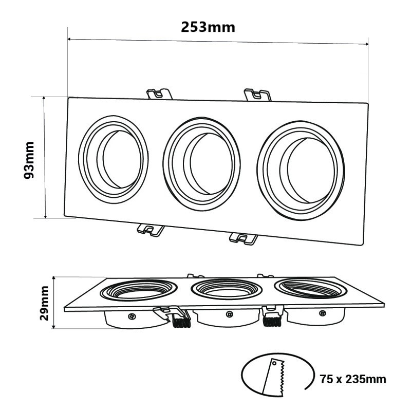 Square tilting triple downlight ring GU10/MR16 - Low UGR - Cutout 75 x 235mm