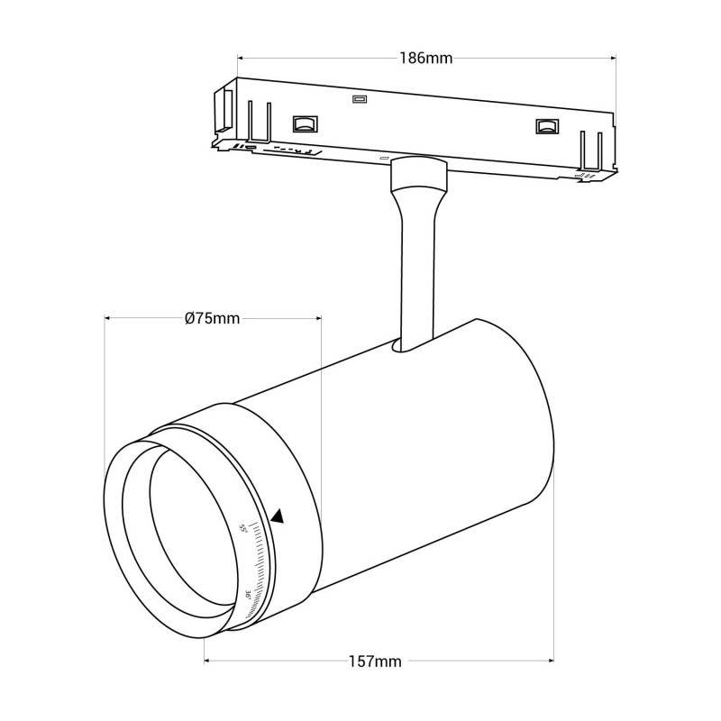 LED spotlight for magnetic rail with Zoom 10-55º - 48V - 25W