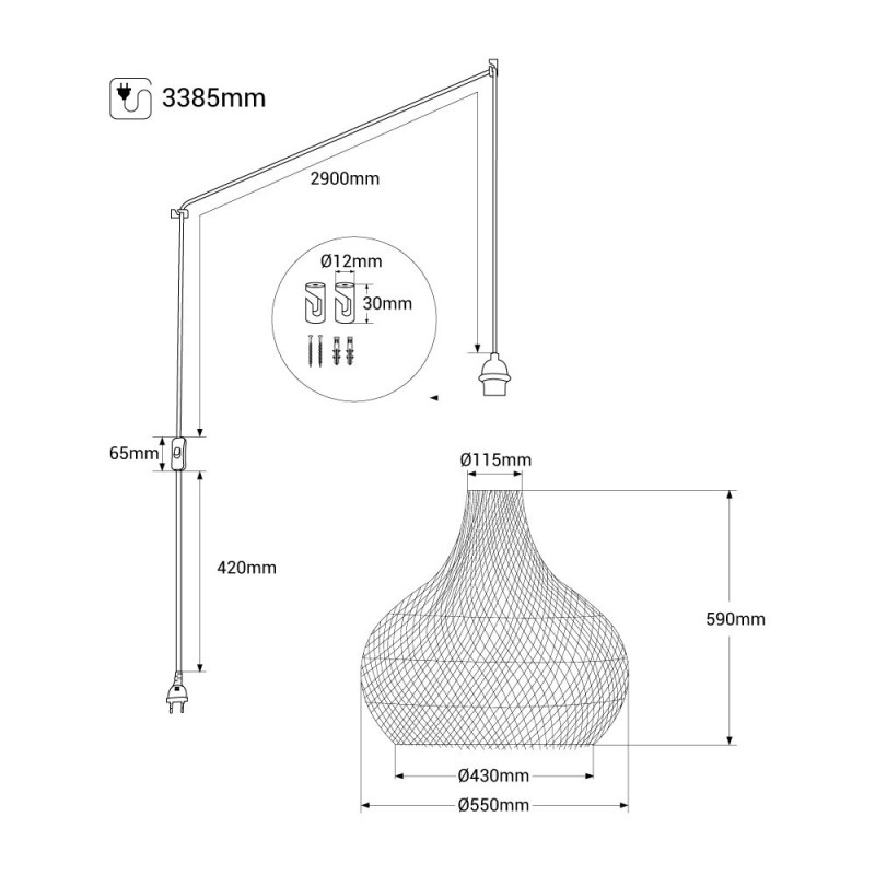 Wicker pendant lamp "Samoa" with switch and socket