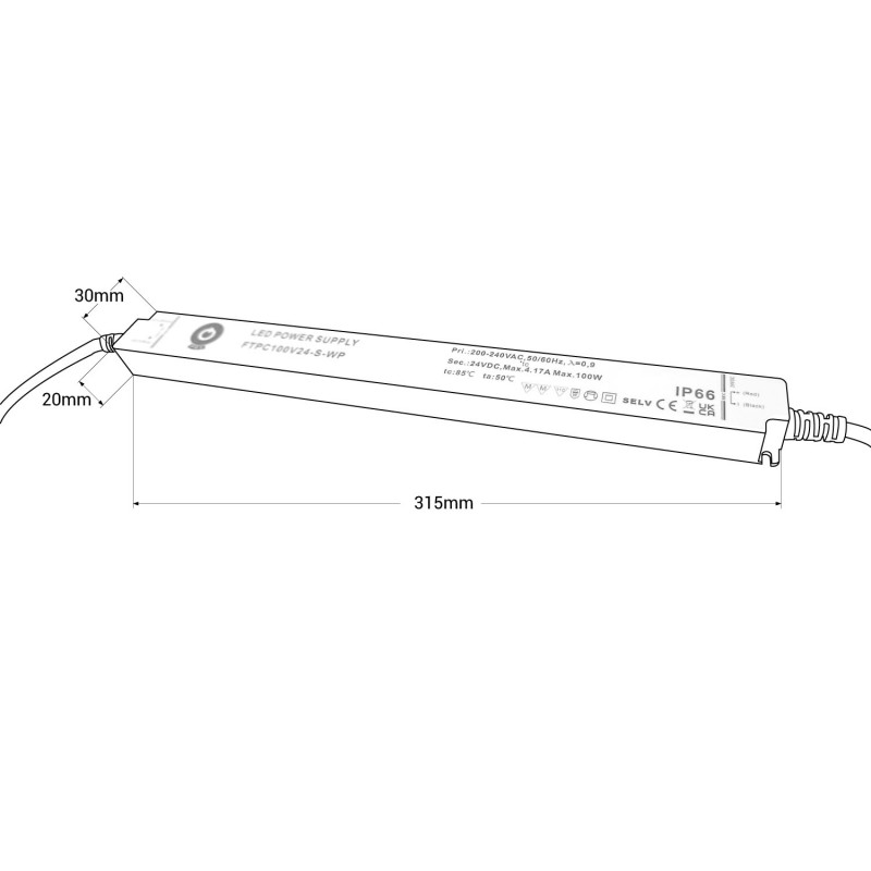 Ultra slim waterproof power supply 24V DC - 100W - IP66