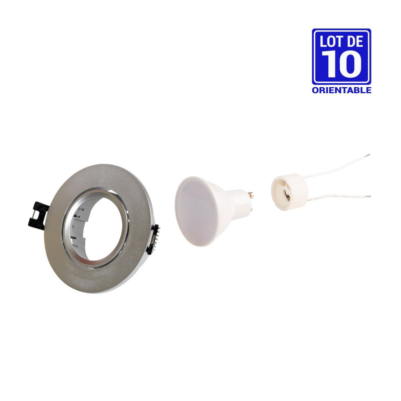 KIT x 10 - Tilting downlight ring silver color Ø90mm + Bulb GU10 5W + Socket GU10