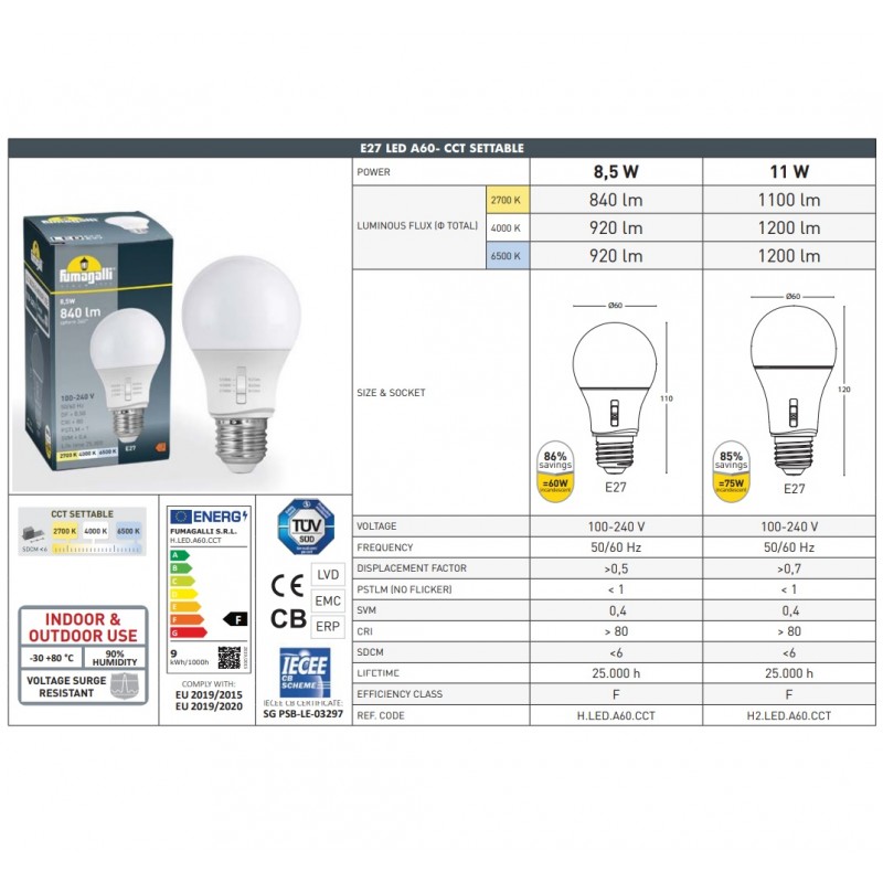 LED Bulb E27 A60 - 8.5W - CCT - Fumagalli