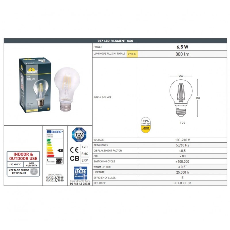 LED filament bulb E27 - 6,5W - Fumagalli - 2700K