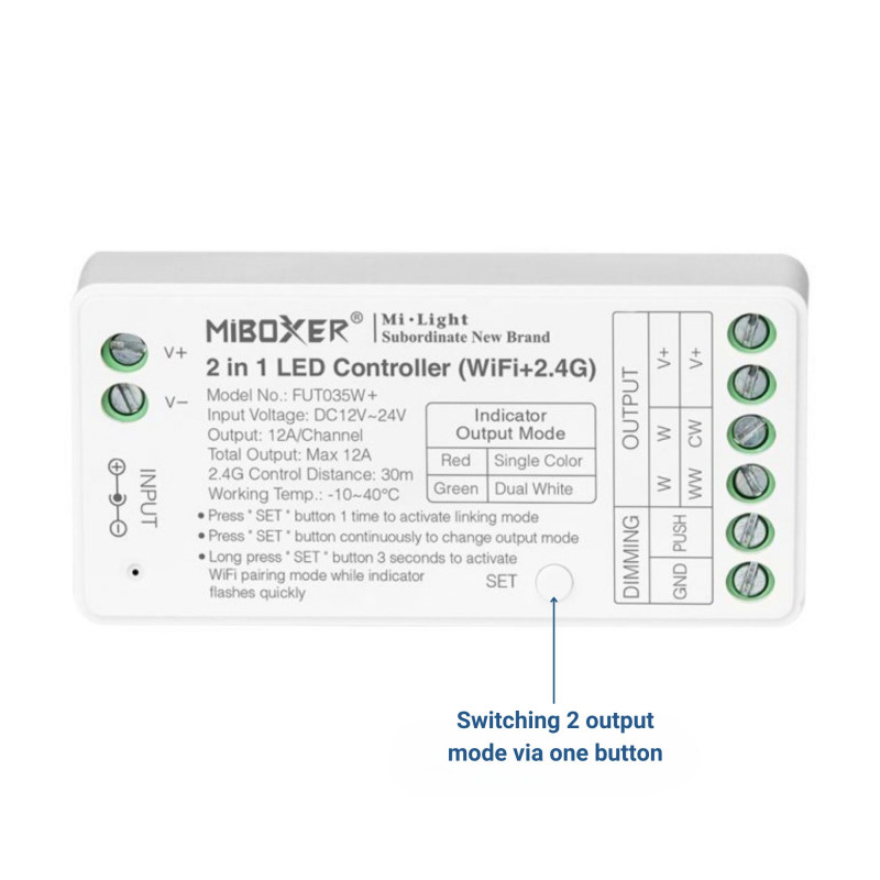 LED Strip Controller 2 in 1- Single colour - Dual white - 12/24V DC - 2.4G - WiFi - MiBoxer - FUT035W+