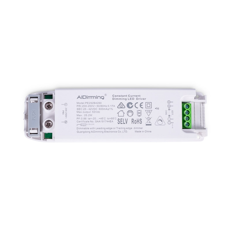 TRIAC dimmable driver - 25-42V DC - 600mA - 25,2W