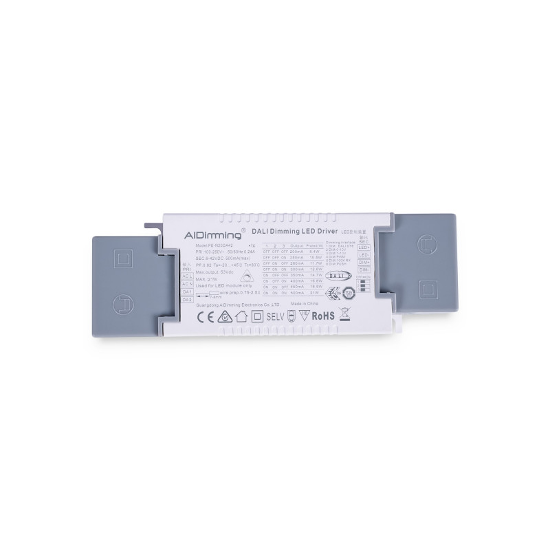 DALI + 1/0-10V + PUSH dimmable driver - 9-42V DC - Multi current (200-500mA)