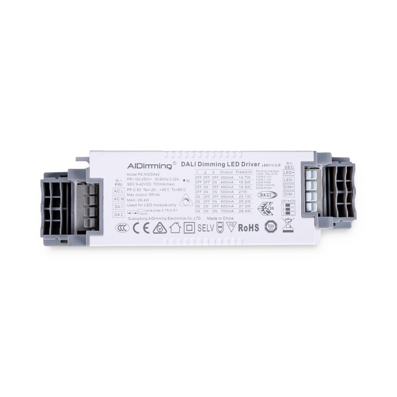 DALI + 1/0-10V + PUSH dimmable driver - 9-42V DC - Multi current (350-700mA)