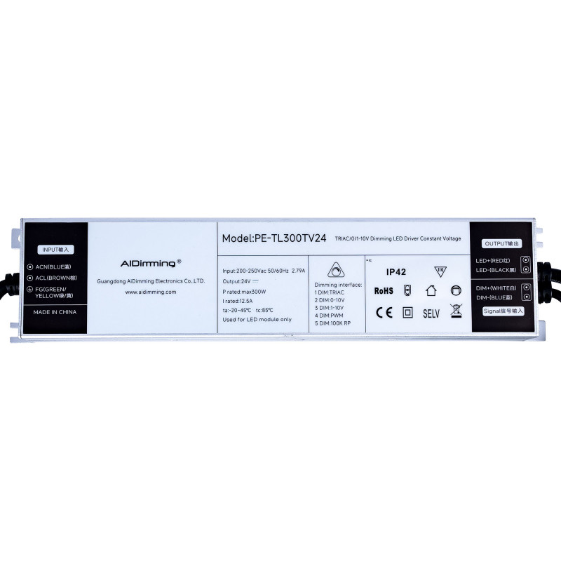 TRIAC/0-10V Dimmable power supply - 200-250V - Output 24V - 12.5A - 300W