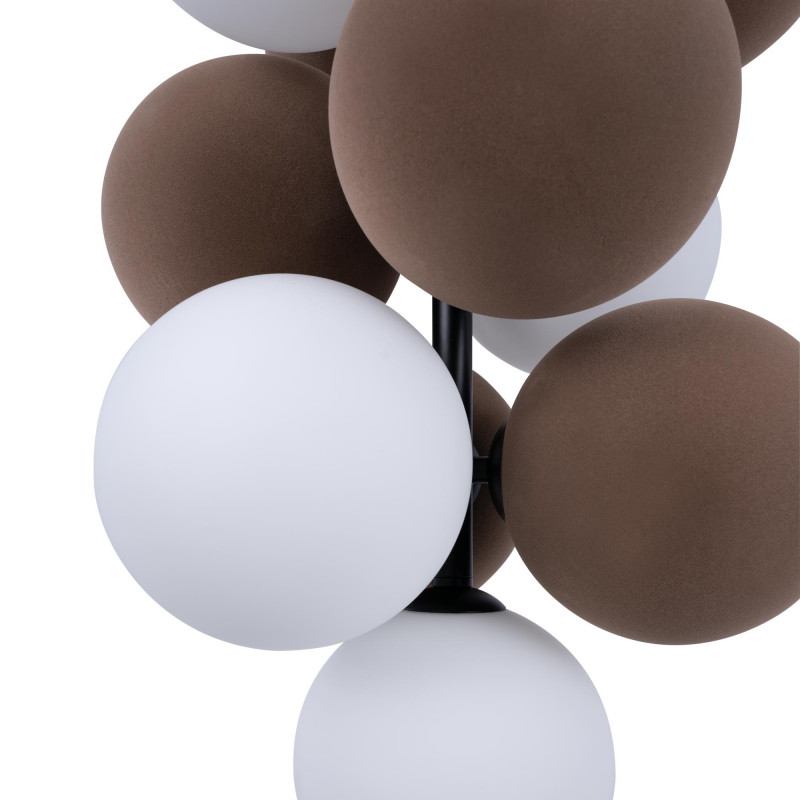 Acoustic vertical pendant lamp "DRAC" - 4 luminous spheres and 6 sound absorbing spheres