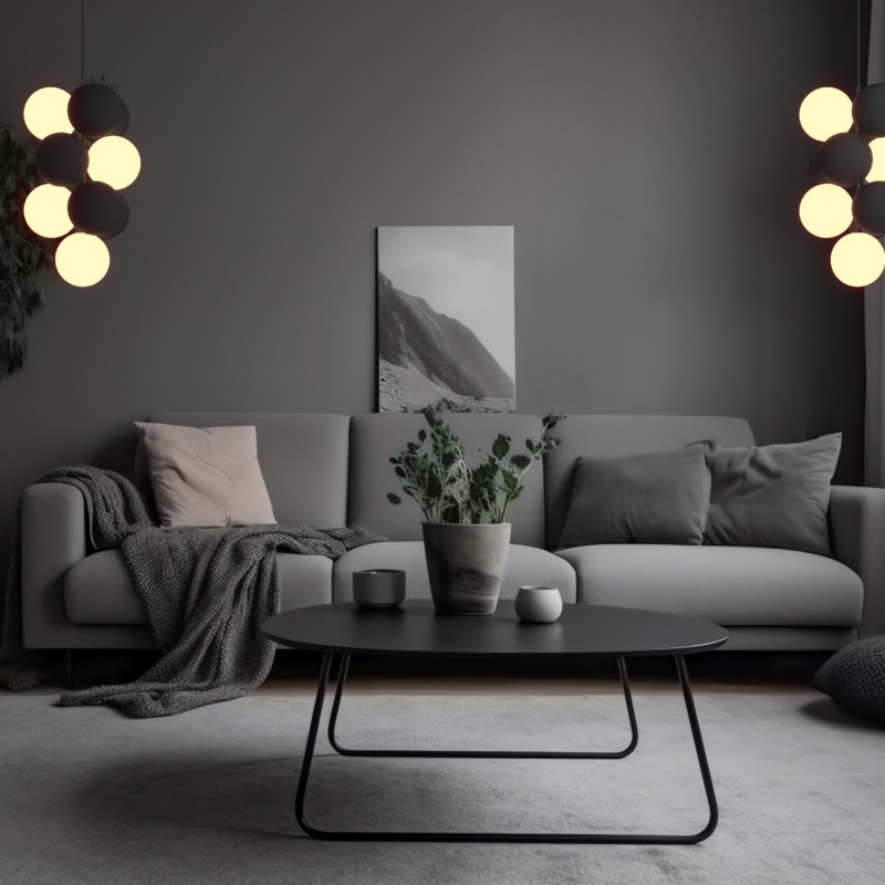 Acoustic vertical pendant lamp "DRAC" - 4 luminous spheres and 6 sound absorbing spheres
