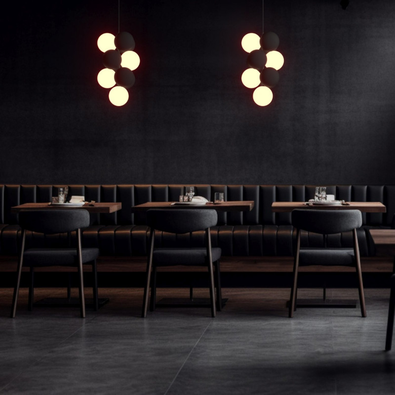 Acoustic vertical pendant lamp "DRAC" - 4 luminous spheres and 6 sound absorbing spheres