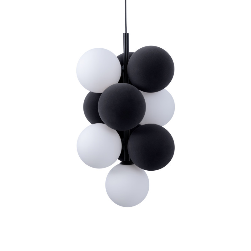 Acoustic vertical pendant lamp "DRAC" - 4 luminous spheres and 6 sound absorbing spheres