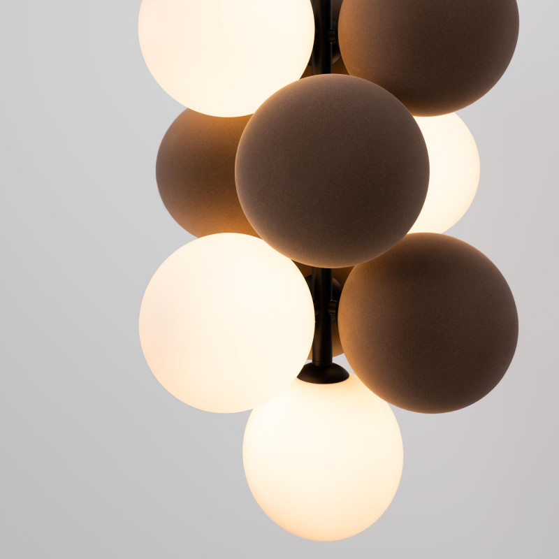 Acoustic vertical pendant lamp "DRAC" - 4 luminous spheres and 6 sound absorbing spheres