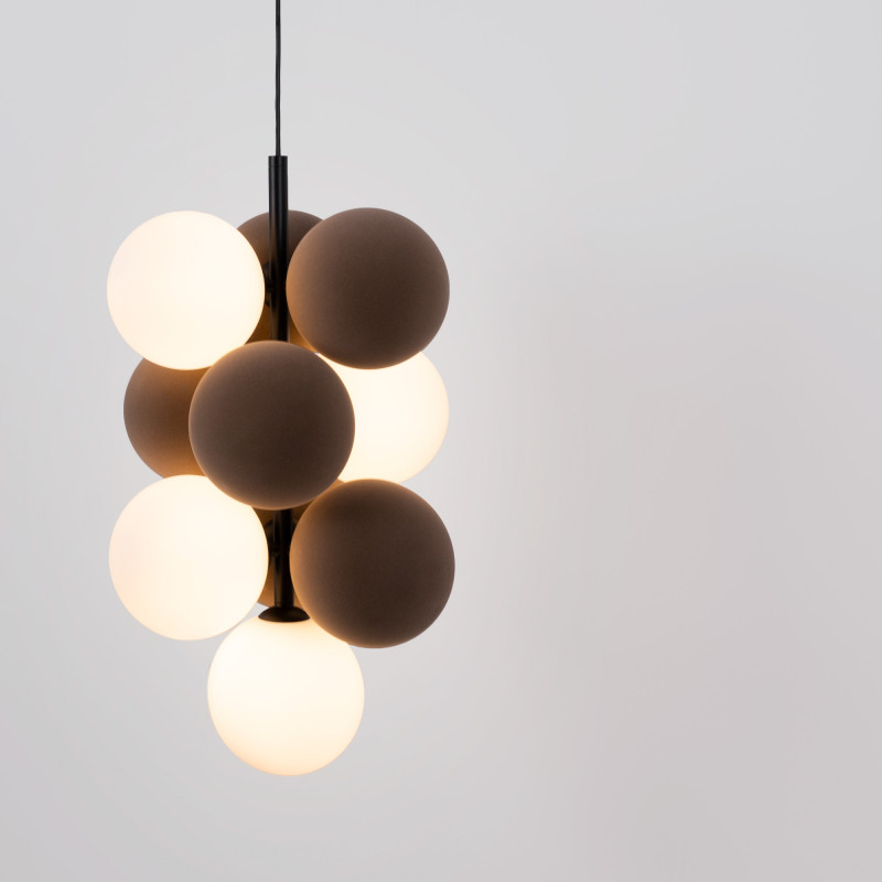 Acoustic vertical pendant lamp "DRAC" - 4 luminous spheres and 6 sound absorbing spheres
