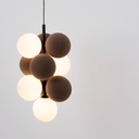 Acoustic vertical pendant lamp "DRAC" - 4 luminous spheres and 6 sound absorbing spheres