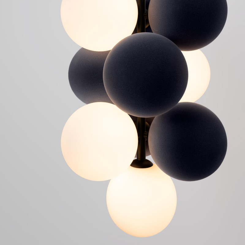 Acoustic vertical pendant lamp "DRAC" - 4 luminous spheres and 6 sound absorbing spheres