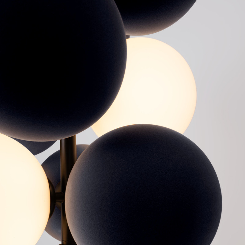 Acoustic vertical pendant lamp "DRAC" - 4 luminous spheres and 6 sound absorbing spheres