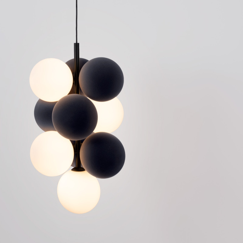 Acoustic vertical pendant lamp "DRAC" - 4 luminous spheres and 6 sound absorbing spheres