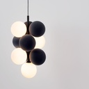 Acoustic vertical pendant lamp "DRAC" - 4 luminous spheres and 6 sound absorbing spheres