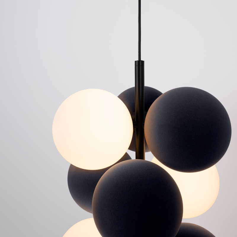 Acoustic vertical pendant lamp "DRAC" - 4 luminous spheres and 6 sound absorbing spheres