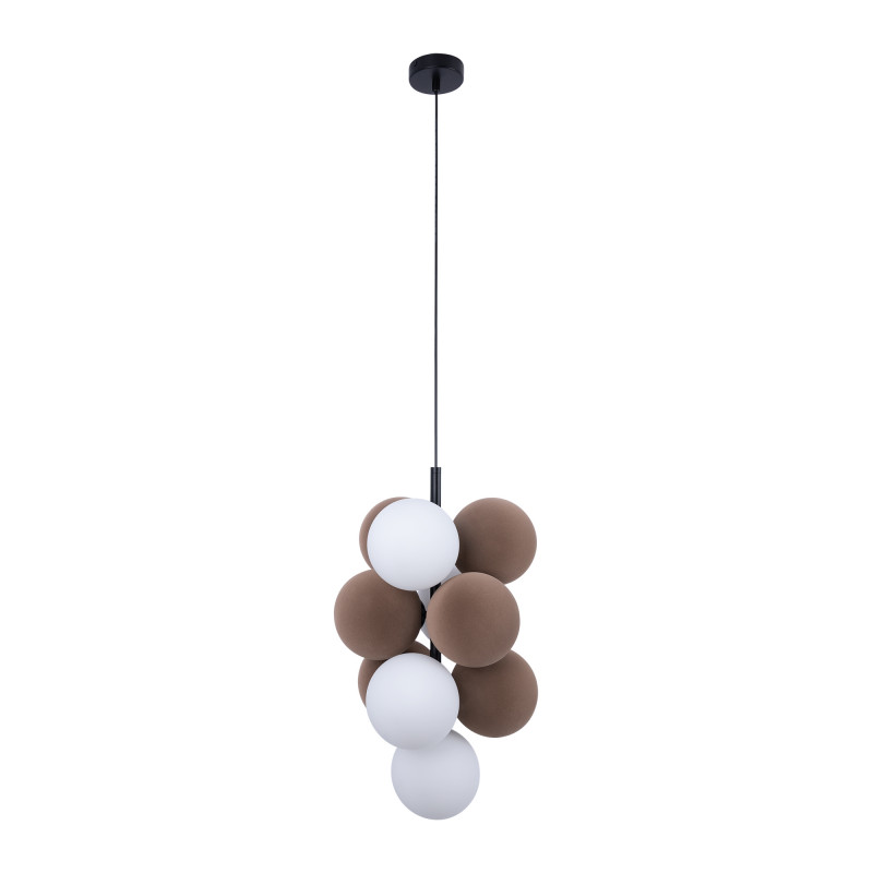 Acoustic vertical pendant lamp "DRAC" - 4 luminous spheres and 6 sound absorbing spheres