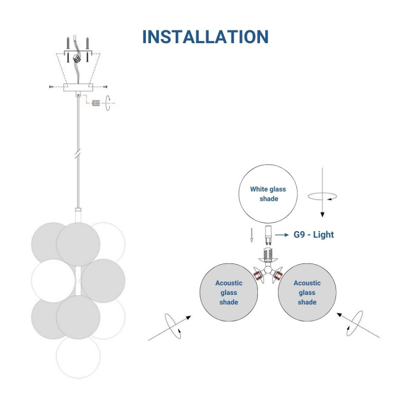 Acoustic vertical pendant lamp "DRAC" - 4 luminous spheres and 6 sound absorbing spheres