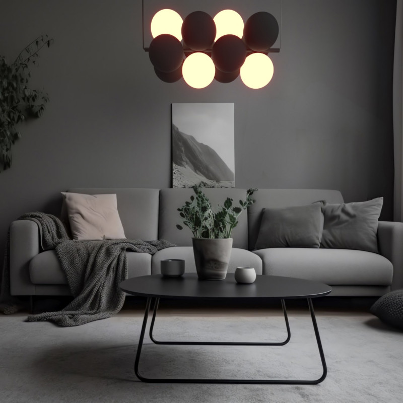 Acoustic horizontal pendant lamp "DRAC" - 4 luminous spheres and 8 sound absorbing spheres