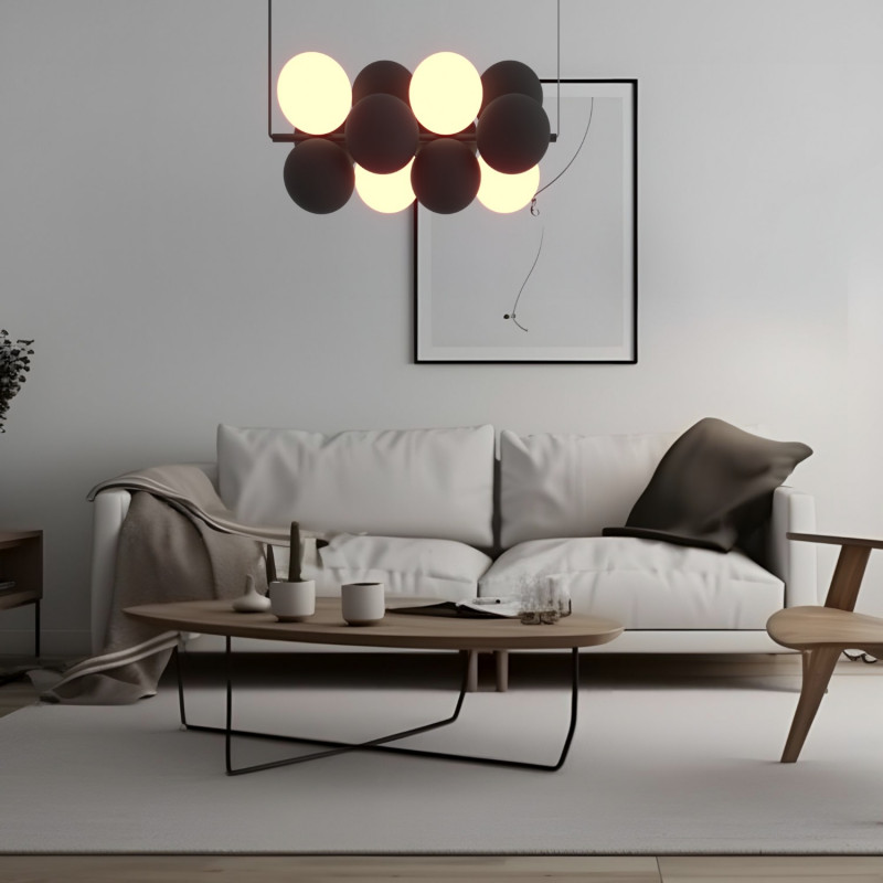 Acoustic horizontal pendant lamp "DRAC" - 4 luminous spheres and 8 sound absorbing spheres