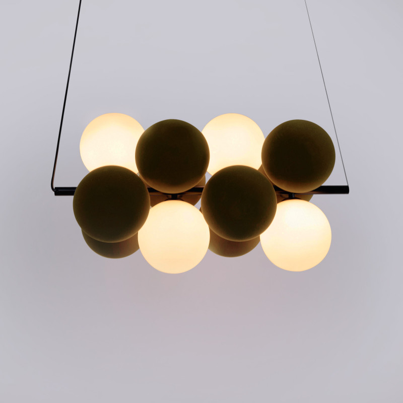 Acoustic horizontal pendant lamp "DRAC" - 4 luminous spheres and 8 sound absorbing spheres