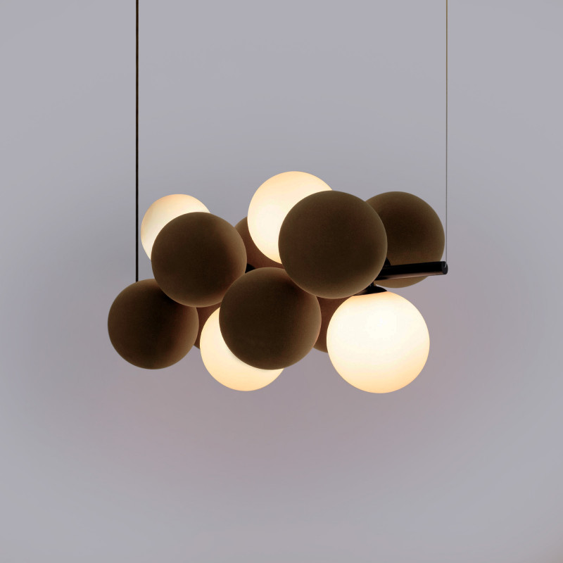 Acoustic horizontal pendant lamp "DRAC" - 4 luminous spheres and 8 sound absorbing spheres