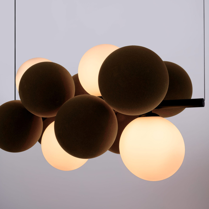 Acoustic horizontal pendant lamp "DRAC" - 4 luminous spheres and 8 sound absorbing spheres