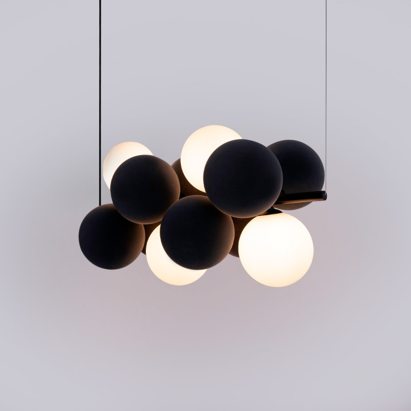 Acoustic horizontal pendant lamp "DRAC" - 4 luminous spheres and 8 sound absorbing spheres
