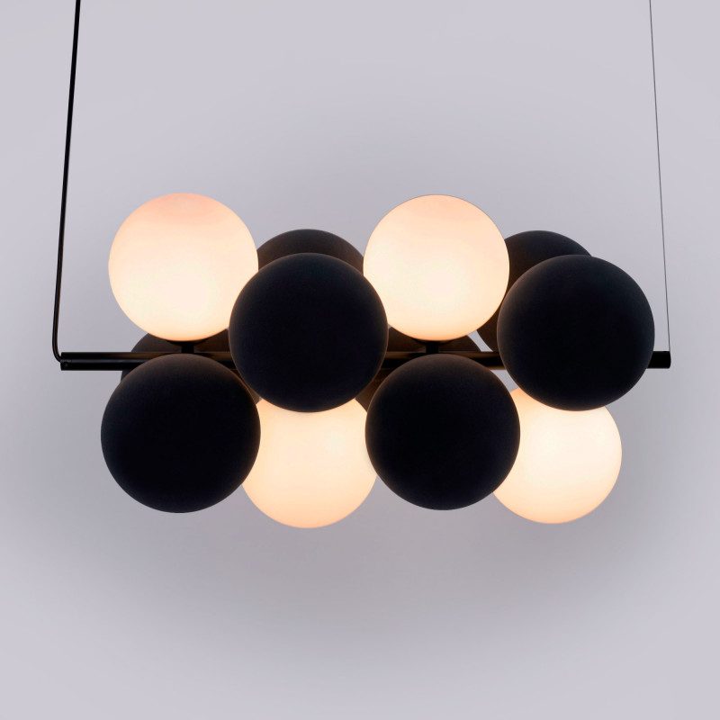 Acoustic horizontal pendant lamp "DRAC" - 4 luminous spheres and 8 sound absorbing spheres