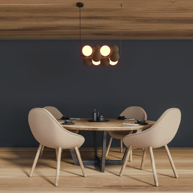 Acoustic horizontal pendant lamp "DRAC" - 4 luminous spheres and 8 sound absorbing spheres