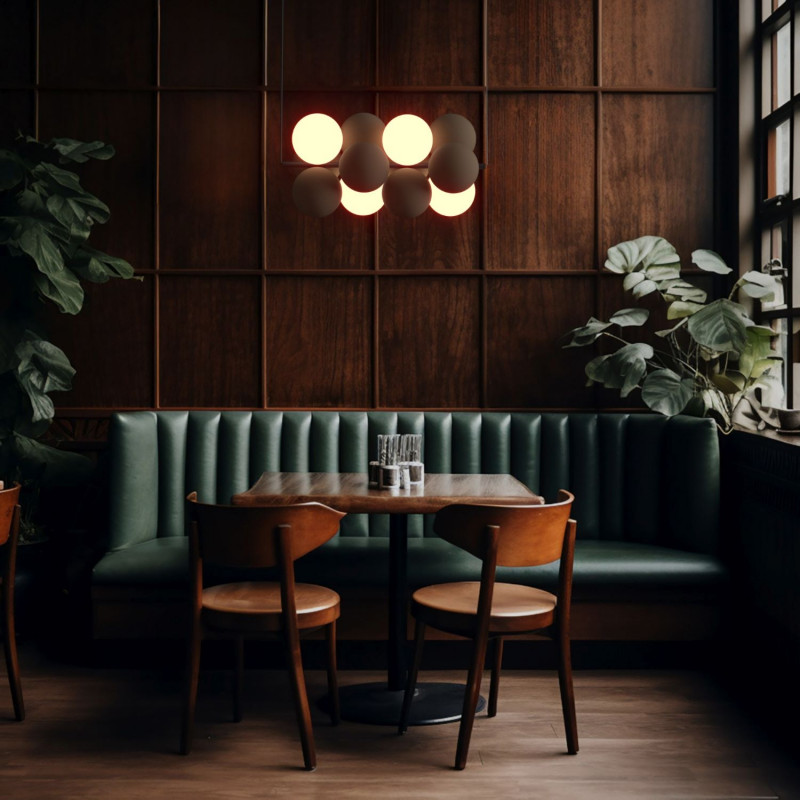 Acoustic horizontal pendant lamp "DRAC" - 4 luminous spheres and 8 sound absorbing spheres