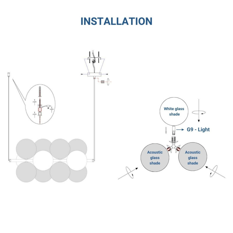Acoustic horizontal pendant lamp "DRAC" - 4 luminous spheres and 8 sound absorbing spheres